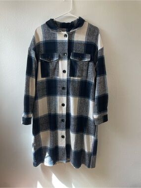 Plaid Button-Front Coatigan in Navy and Cream